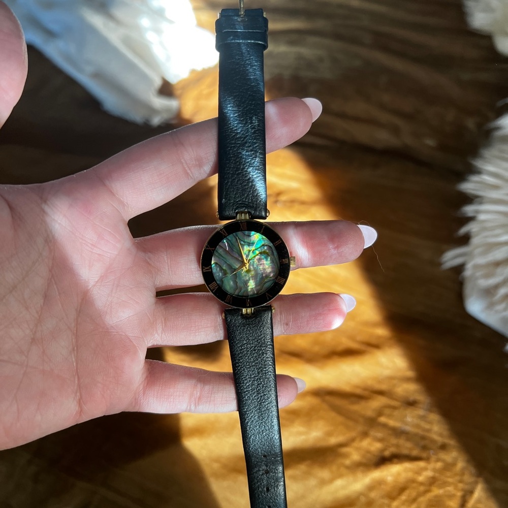 Black Leather Strap Watch with Abalone Dial